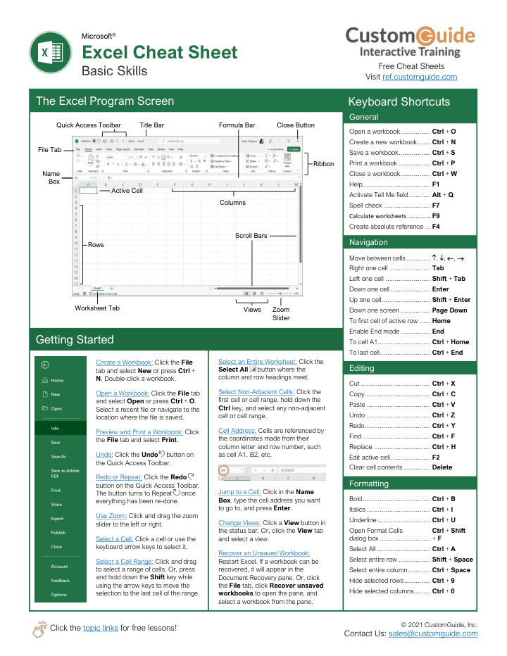 Excel cheat sheet — preview